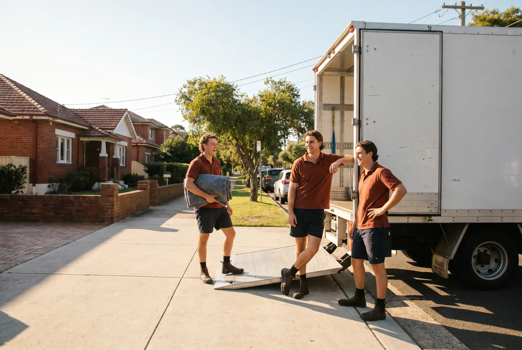 Three young removalists at the tailgate of their truck on a leafy brick-house street