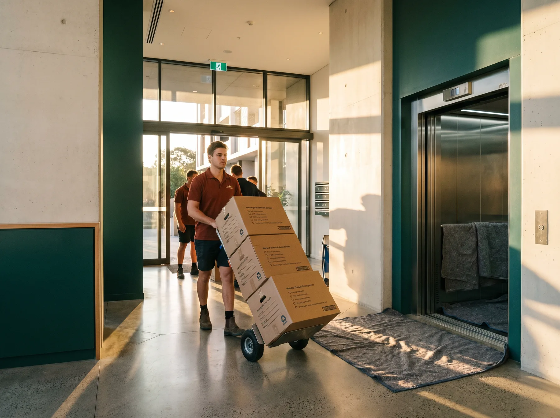 Removalist wheeling cartons through an apartment lobby toward a blanket-lined lift